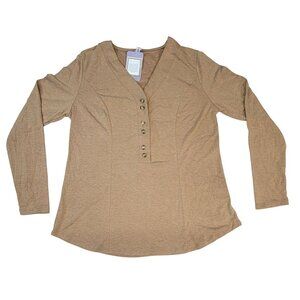 Emerald Long Sleeve Top V Neck Tan Camel 1/2 Button Down Detail Womens Small